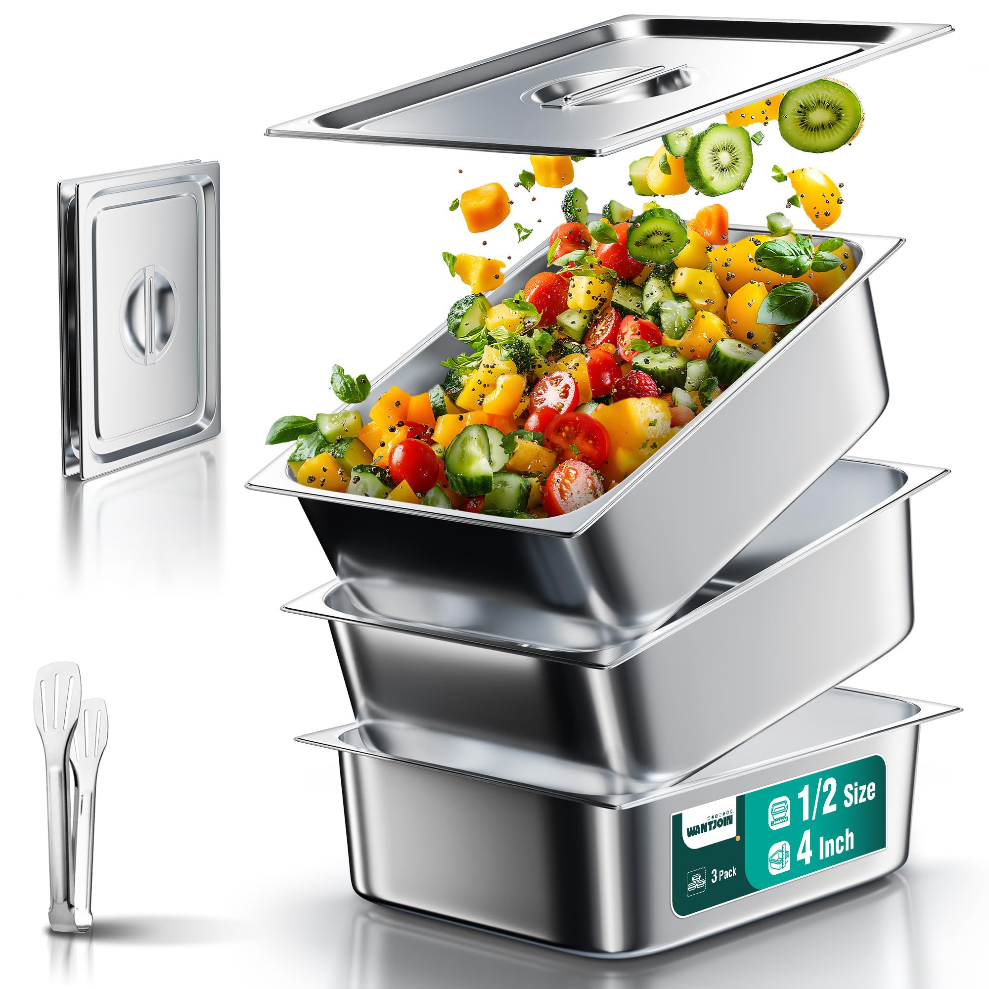 WantJoin Steam Table Hotel Pans with Lid 1/2 Half Size 4 Inch Deep 3 Pack, Thickened Stainless Steel Metal Tray Sets Food Storage Container, Restaurant Chafing Dishes Commercial Buffet Warmer Catering