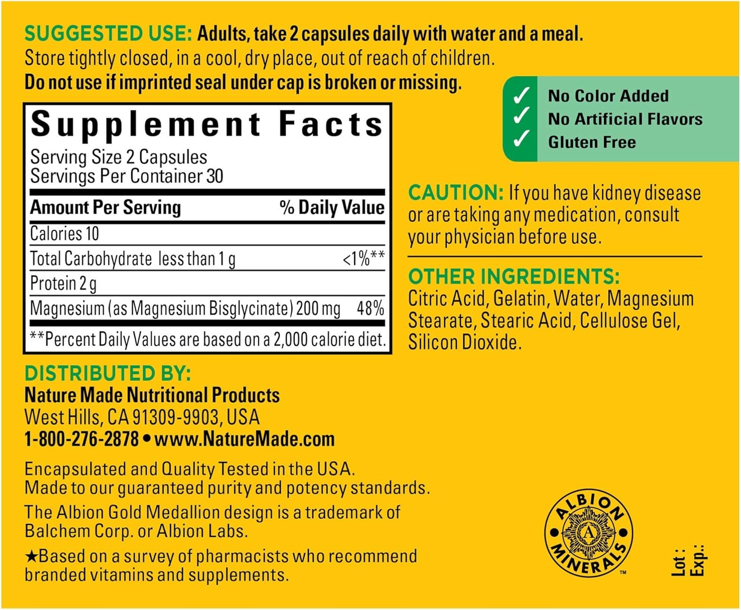 Nature Made High Absorption Magnesium Glycinate 200 mg, Supports Muscle Relaxation, Heart, Nerve, and Bone Health, Gentle on The Stomach, 100% Chelated, 60 Capsules: Health & Personal Care