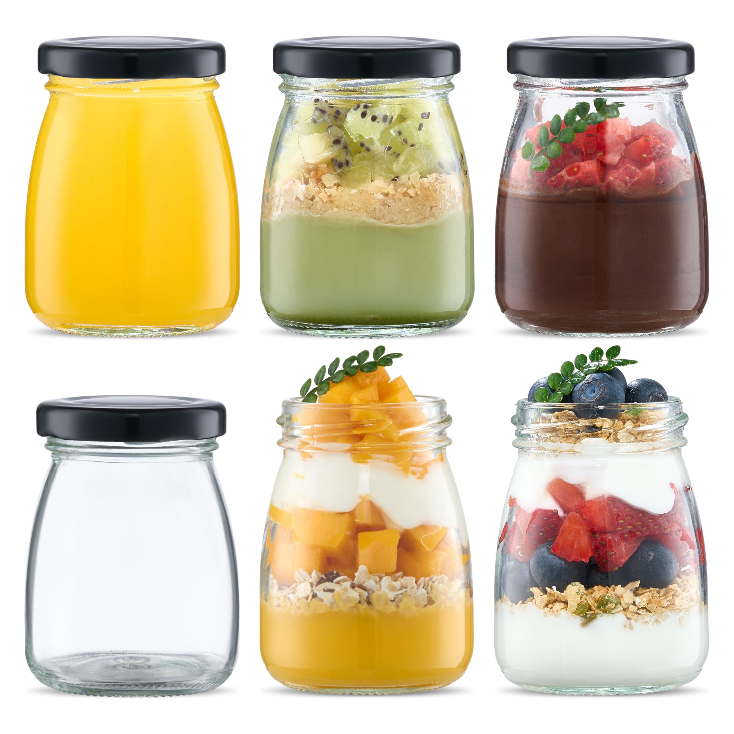 Danmu Art 6pcs 100ml Clear Glass Bottles with Pretty black Lids Small Glass Jars Mini Milk Bottles for Yogurt Pudding Jam