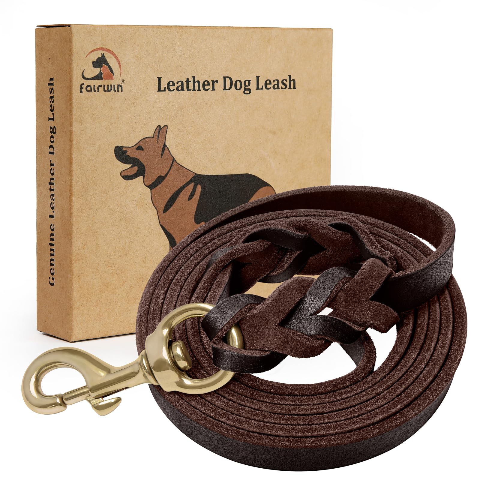 FAIRWIN Leather Dog Leash 6 Foot - Braided Military Grade Heavy Duty Dog Leash for Large Medium Small Dogs Training and Walking (Brown, XL:1" x 6ft)