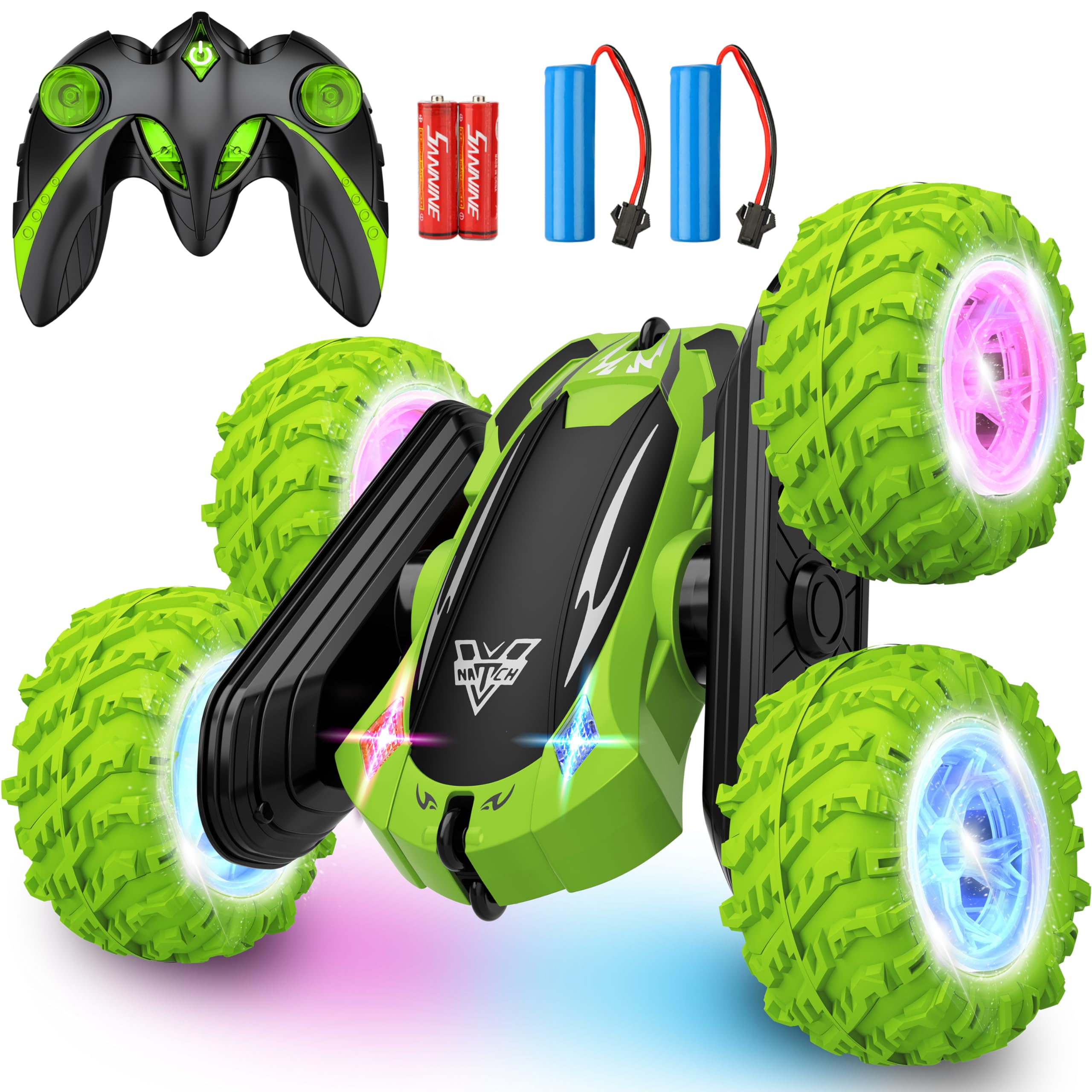 Photo 1 of KKONES Remote Control Car, 2.4GHz Electric Race Stunt Car, Double Sided 360° Rolling Rotating Rotation, LED Headlights RC 4WD High Speed Off Road Gift for 3 4 5 6 7 8-12 Year Old Boy Toys (Green)