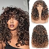 lumisera hair Curly Afro Wig for Black Women Curly Wigs with Bangs 18 Inch Long Curly Afro Synthetic Wig for Cosplay and Daily(Ombre Brown)