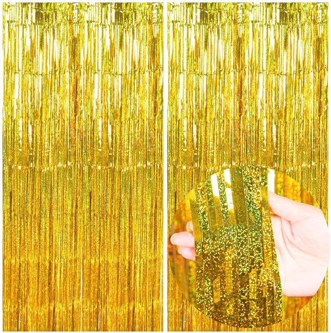Metallic Tinsel Gold Foil Curtains 2 pcs 3.3ft x 9.8ft, Holographic