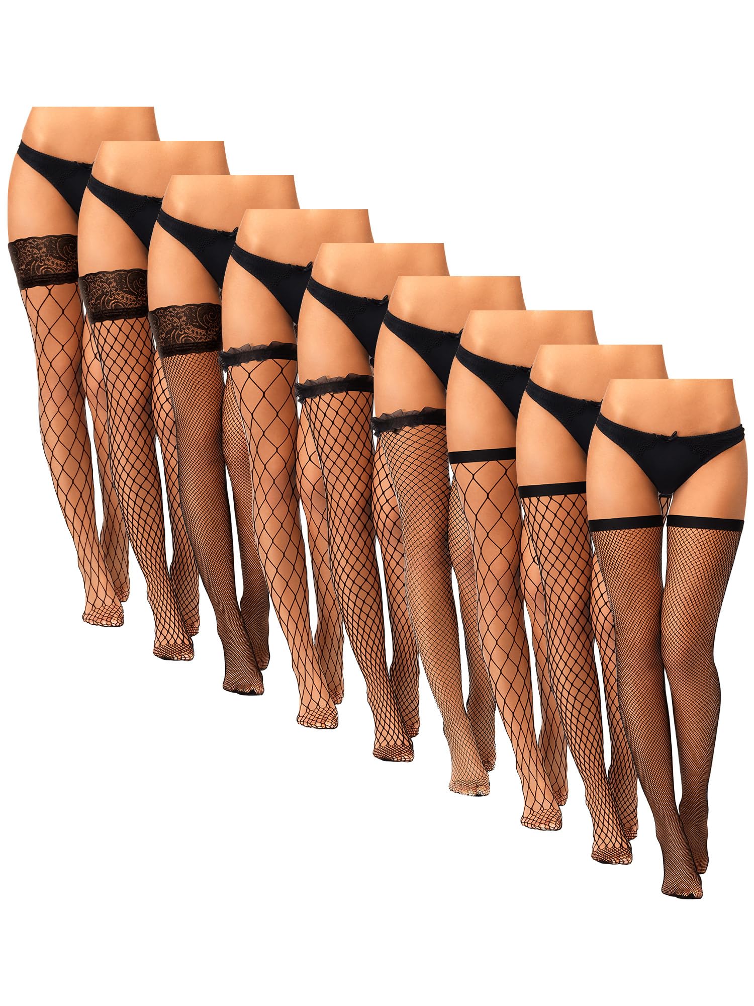 Photo 1 of Hicarer 9 Pairs Fishnet Thigh High Stockings Lace Top Sheer over Knee Stocking Silky Thigh High Stockings for Women (Medium)