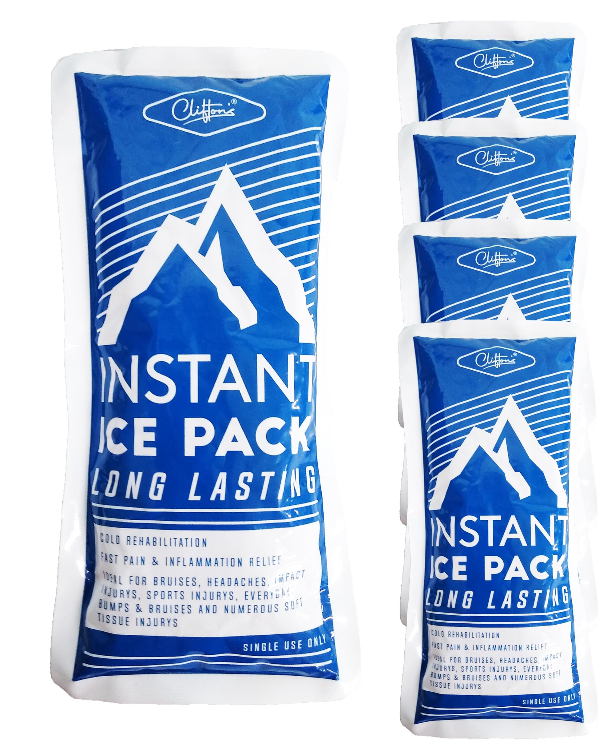 5 Pack CLIFTON'S Instant Ice Pack Fast Use Pain Relief Headache Sport Hiking Injuries Bruises Strains Insect Bites Travel Disposable First Aid Cold Compress