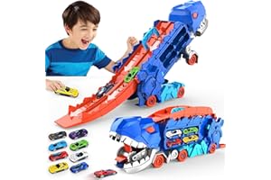 QIRPTEY Transport Dinosaur Truck with City Ultimate Hauler Race Track, Transforms into Stomping Standing Trex Dinosaurs Toddler Toys Unique Gifts for Kids Age 2 3 4 5 6 7 8 Year Olds (8 Die-Cast Race Cars)
