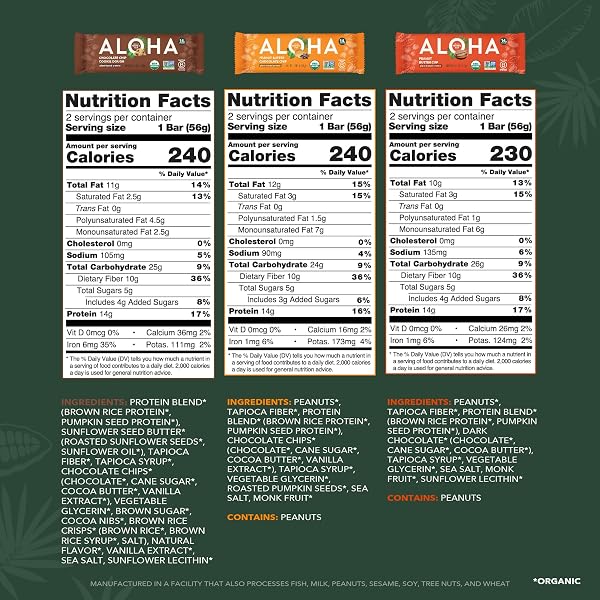 ALOHA ORGANIC PLANT BASED PROTEIN BARS – 3 FLAVOR VARIETY PACK – 12 COUNT, 1.98OZ BARS – VEGAN SNACKS, LOW SUGAR, GLUTEN-FREE, LOW CARB, PALEO, NON-GMO, STEVIA-FREE, NO SUGAR ALCOHOL SWEETENERS