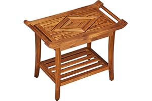 TEAK CULTURE Luxury Teak Shower Bench Stool Seat Chair with Leveling Feet, Waterproof, Teak Oil Finish, Large, 25x19x14, for Bathroom, Spa, Sauna, Pool Deck, Patio, Garden, RV, from Our Diamond Collection