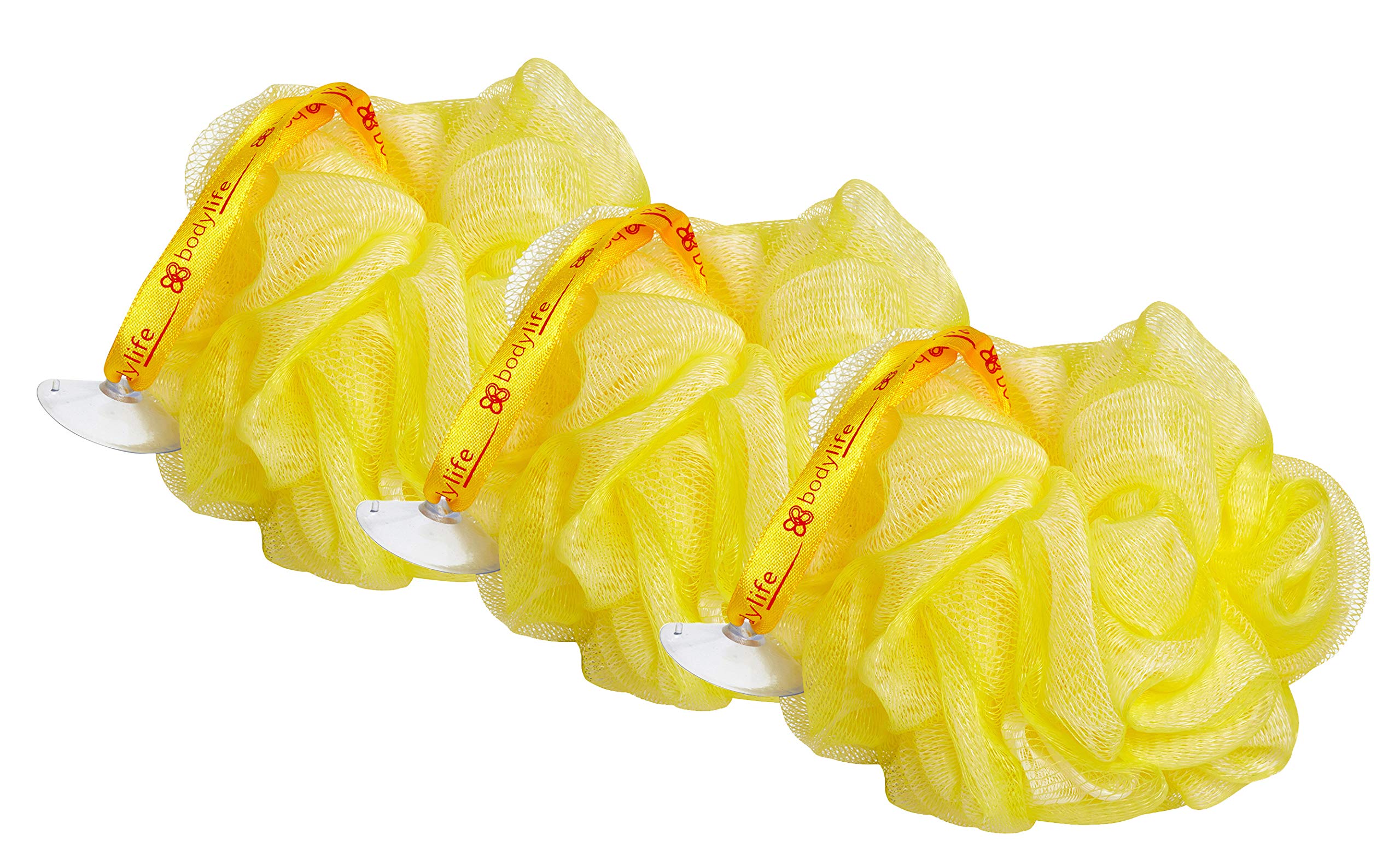 Bodylife Body Buffer, Puff, Exfoliating Bath & Shower Body Pouf, Scrunchie, Body Scrubber Yellow & White 55g Triple Pack