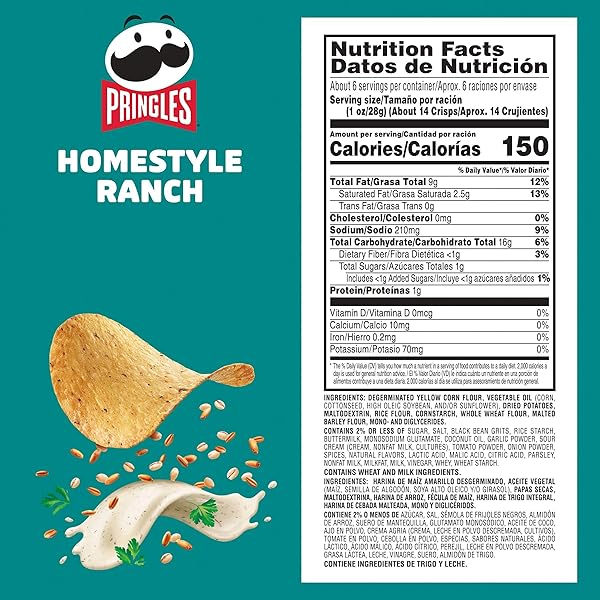 PRINGLES HARVEST BLENDS POTATO CRISPS CHIPS, LUNCH SNACKS, BLENDED WITH MULTIGRAINS, HOMESTYLE RANCH, 5.5OZ CAN