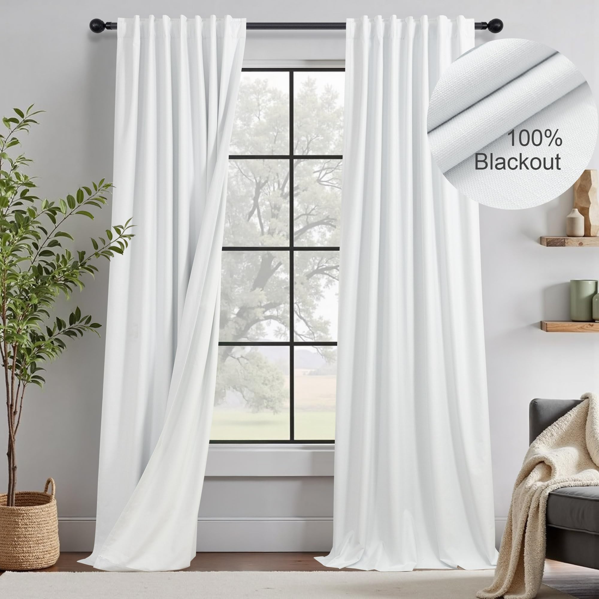 Photo 1 of Thick Linen Blackout Curtains 105 Inches Long 2 Panels Set White Custom Length Heat Cold Draft Blocking Winter Curtains Back Tab Pocket Large Window Drapes for Office Home Living Room Bedroom 52 Wide