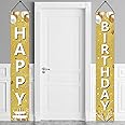 Gold White Happy Birthday Door Banner Decorations for Women Men, Golden Happy Birthday Porch Sign Party Decoration, White Gold 10th 16th 21st 30th 40th 50th 60th Bday for Outdoor Indoor