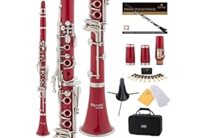 Mendini Red ABS B Flat Clarinet with 2 Barrels, Case, Stand, Pocketbook, Mouthpiece, 10 Reeds and More, MCT-2R+SD+PB
