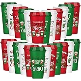 SiliFine 24 Pcs Christmas Reusable Coffee Cups Gift for Women 16 oz Plastic Coffee Cup Tumblers with Lid Thank You Travel Mug Gifts for Hot and Cold Drinks Holiday Party Supplies