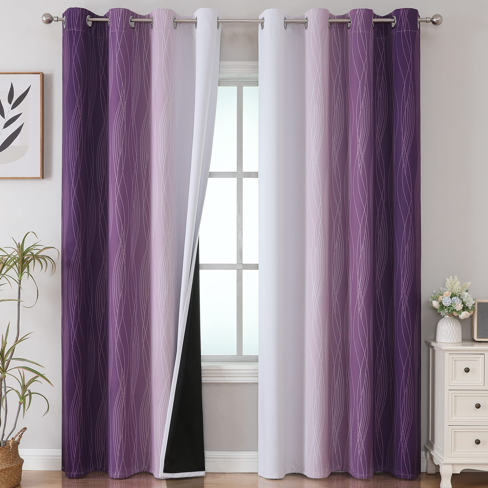 VEHEDE Ombre Blackout Curtains for Bedroom 96 Inch Drop, Thermal Insulated Curtains for Sliding Door, Noise Reducing Drapes for Living Room, W52 x L96 Inch, Purple and Greyish White, 2 Panels