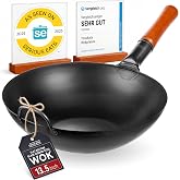 YOSUKATA 13.5" Carbon Steel Wok Pan – Pre-Seasoned Flat Bottom Pow Wok for Stir Fry, BBQ, Grill & Camping – Traditional Japan