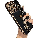 Caseative for iPhone 15 Pro Max Case,Cute Plating Love Heart Wrist Strap Chain Bracelet Phone Case (Black)