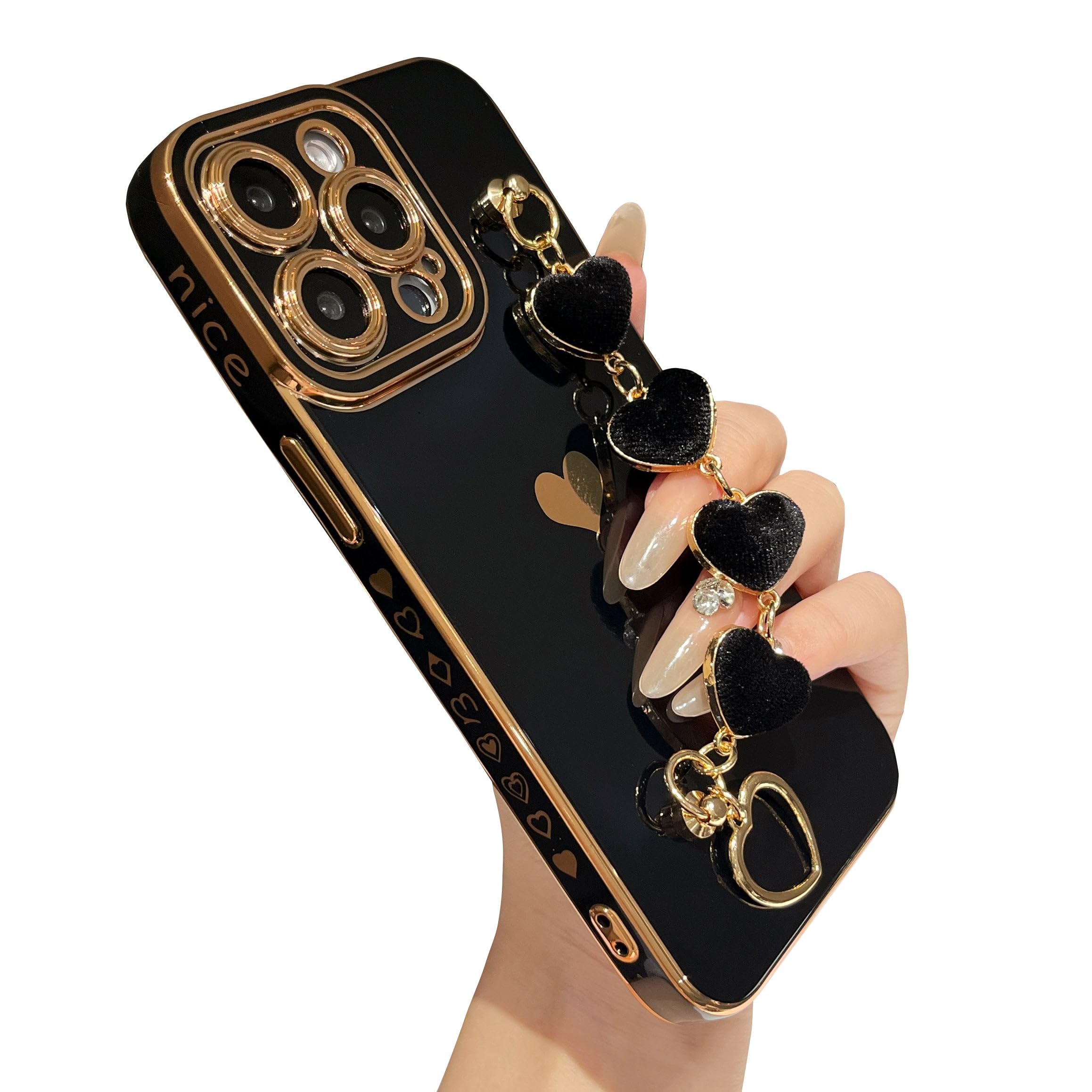 Caseative for iPhone 16 Pro Max Case,Cute Plating Love Heart Wrist Strap Chain Bracelet Phone Case (Black)