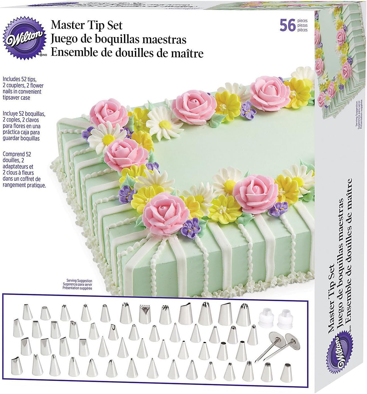55 Boquillas 2 Clavos para Flor y Organizador para Boquillas Wilton 2104-0240 2 Acopladores Juego de Boquillas Maestro