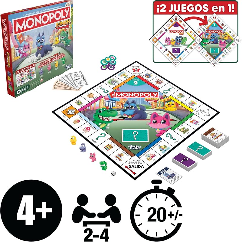 Jogo de Tabuleiro Junior Monopoly (Edição 2026) | 2 Jogos em 1 para Crianças Pequenas, Tabuleiro de 2 Lados | Desde os 4 anos | 2-4 Jogadores | 20 min. | Presentes para Pré-Escolares - Versão Espanhola