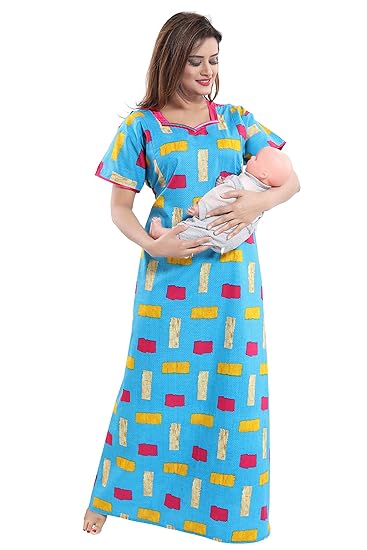 Women's Cotton Fabric Beautiful Print Invisible Zip Pattern Feeding/Maternity/Nursing Nighty