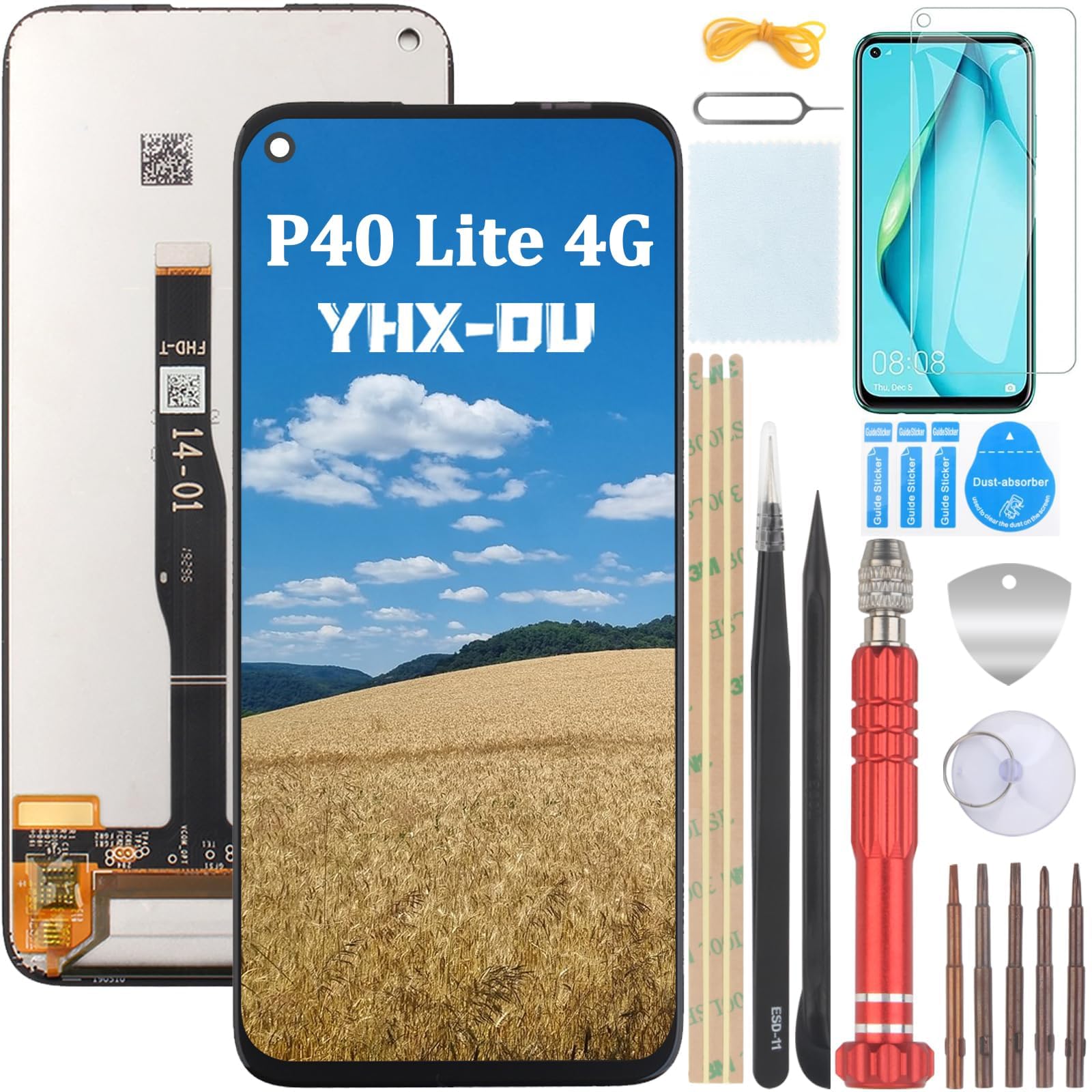 YHX-OU Black 6.4 Inch for Huawei P40 Lite JNY-L21A JNY-L01A JNY-L21B JNY-L22A JNY-L02A JNY-L22B LCD Display Touchscreen Screen with Tools + 1 Screen Protector