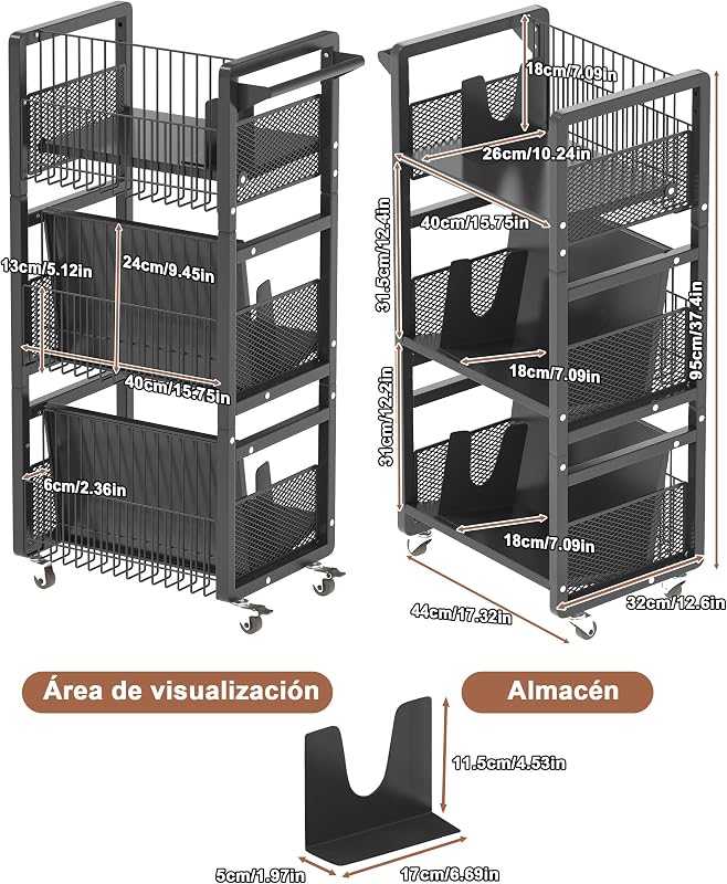 Librería con Ruedas 3 Niveles, Estantería Metálica Móvil, Negro