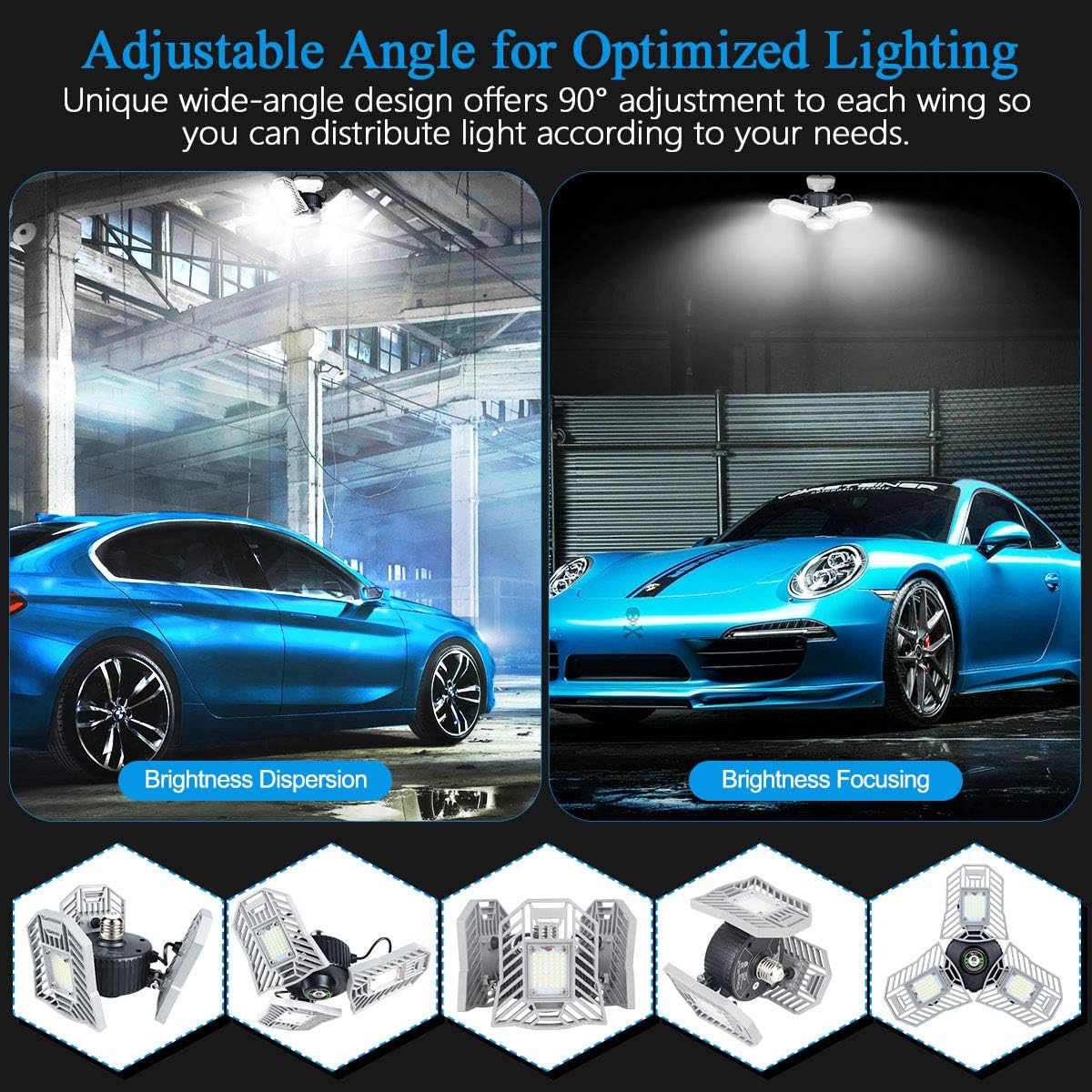 Garage Lights Led Deformable Garage Light Ceiling LED 60W 6000Lumen Flexled Garage Light Tribrite Led Adjustable Light with 3 Panel Led Shop Lights for Garage Ceiling Basement Workshop - - 