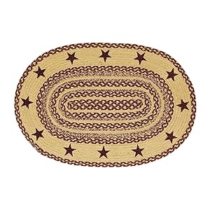 VHC Brands 6131 Classic Country Primitive Flooring-Burgundy Tan Jute Red Stenciled Stars Oval Rug, 24 x 36