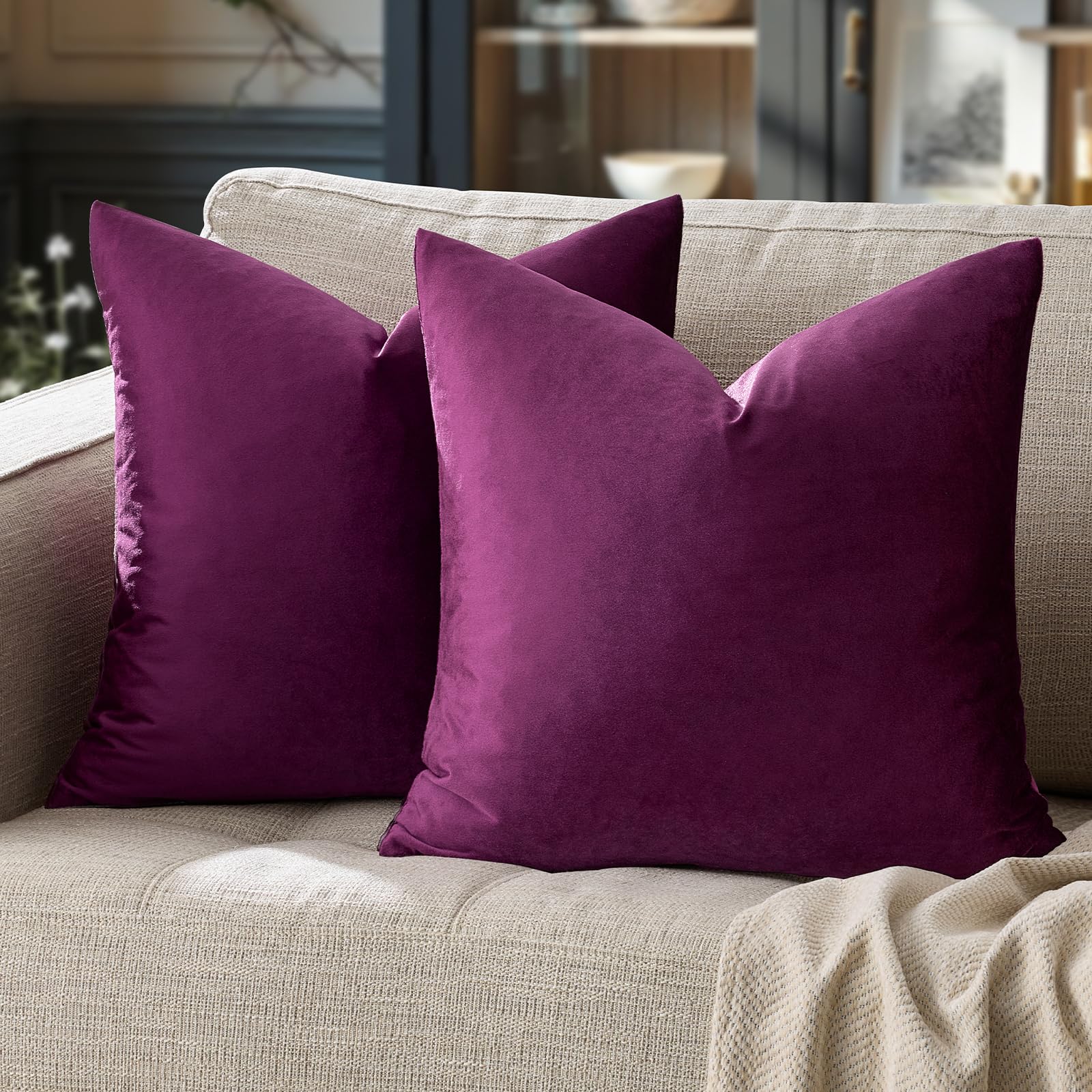 GIGIZAZA Velvet Purple Cushion Covers 22 x 22 inches Decorative Throw Pillowcases 55 x 55cm for Sofa Bedroom Living room 2 pack — image 1