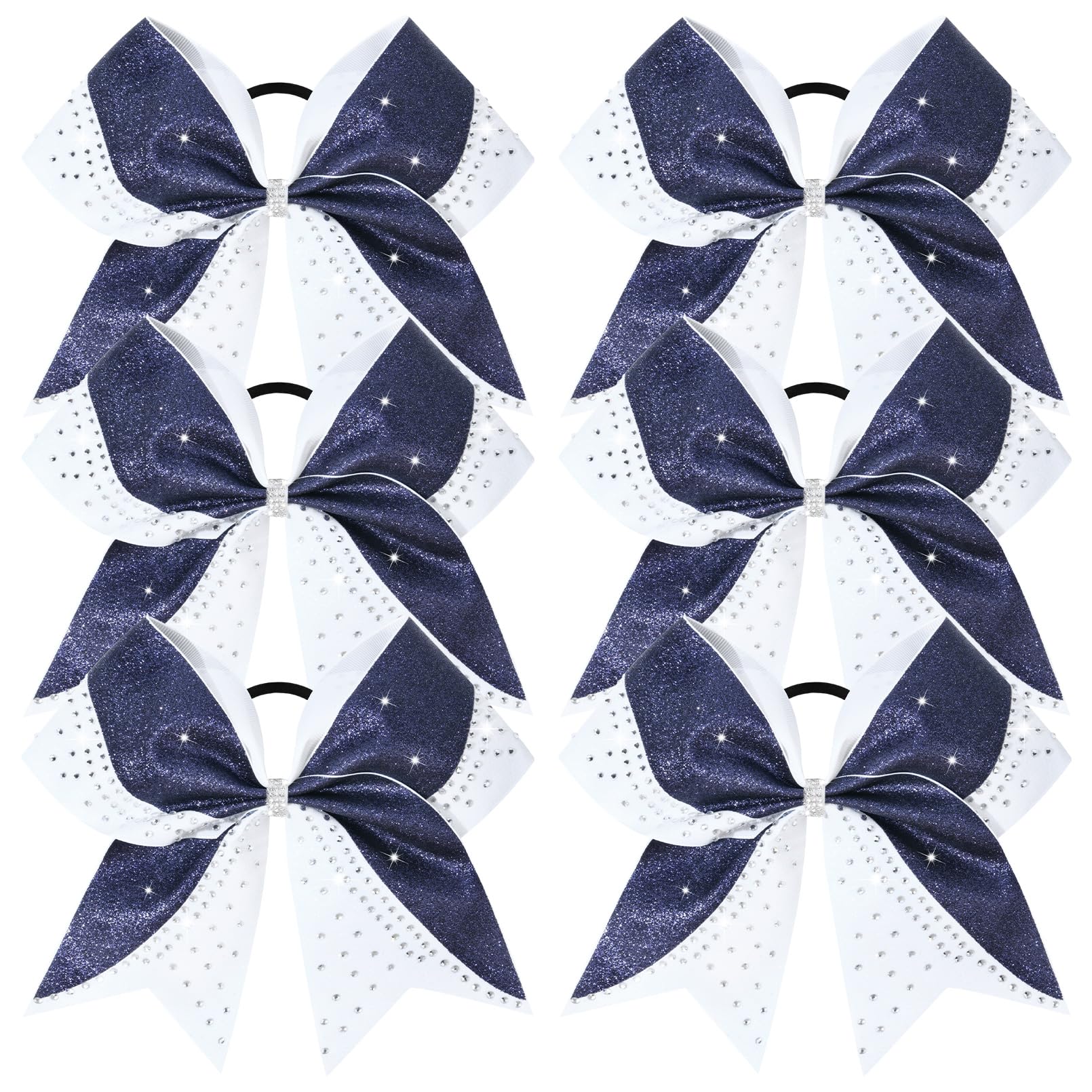 Photo 1 of 6PCS Glitter Cheer Bow Large Cheer Bows Rhinestones Hair Bows Girls 8"Cheerleading Bows Bulk Elastic Band Ponytail Holder for Teen Girls College Sports Competition Navy Blue White
