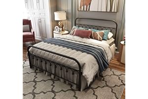 TUSEER Metal Bed Frame Queen Size with Vintage Headboard and Footboard Platform Base Wrought Iron Bed Frame (Queen,Black)