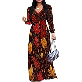 EQQZD Women's Long Sleeve Maxi Dress Floral V Neck Wrap Dress with Pockets for Wedding Guest