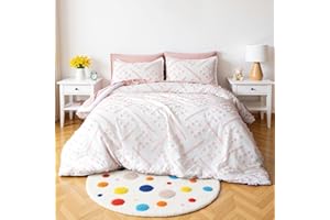 Amazon Basics 7-Piece Kids' Bed-in-a-Bag, Jacquard Microfiber Bedding Set with Comforter, Sheets, Pillowcases and Pillow Covers, All-Season, Pink Tufted, Full/Queen