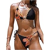 SOLY HUX Women's Floral Print Swimsuit Halter Triangle Tie Side String Bikini Set Beach Two Piece Bathing Suit