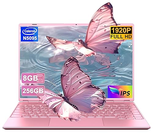 HUQPPQ 14 Inch Laptop Celeron N5095 Processor (Up to 2.9GHz) 8GB RAM 256GB SSD Win11 Laptops | FHD 1920×1200 IPS Display | WiFi 5, BT4.2, Webcam | 180° Foldable | For Students & Business-Pink-N700