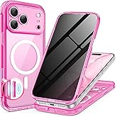 BERFY for iPhone 17 Pro Case, Compatible with MagSafe, Built-in Privacy Screen Protector and Camera Protection, Anti-Spy Full Body Shockproof Clear Phone Case for 17 Pro 6.3", Bright Pink