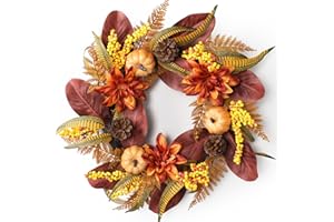 WILLITAT Fall Wreaths for Front Door - 24 Inch Outdoor Silk Fall Wreath with Pumpkin, Dahlia, Magnolia Leaves, Fern - Large Autumn Home Decoration for Inside Outside, Farmhouse Thanksgiving Wall Decor