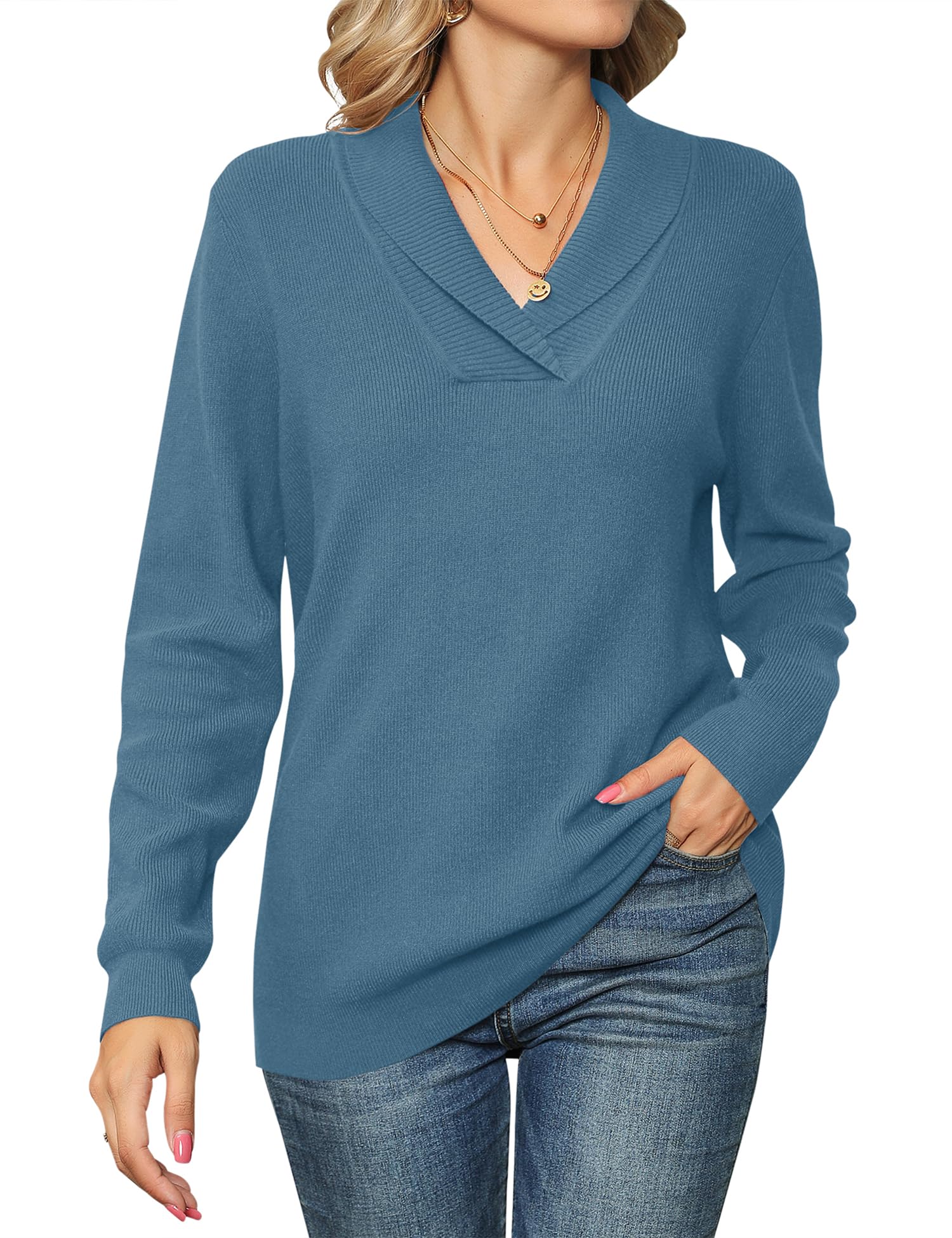 Ivicoer Women's Sweaters V Neck Pullover Long Sleeve Fall Ladies Shawl Collared Knitted Casual Top Winter Dressy Polo Trendy Grey Blue Image