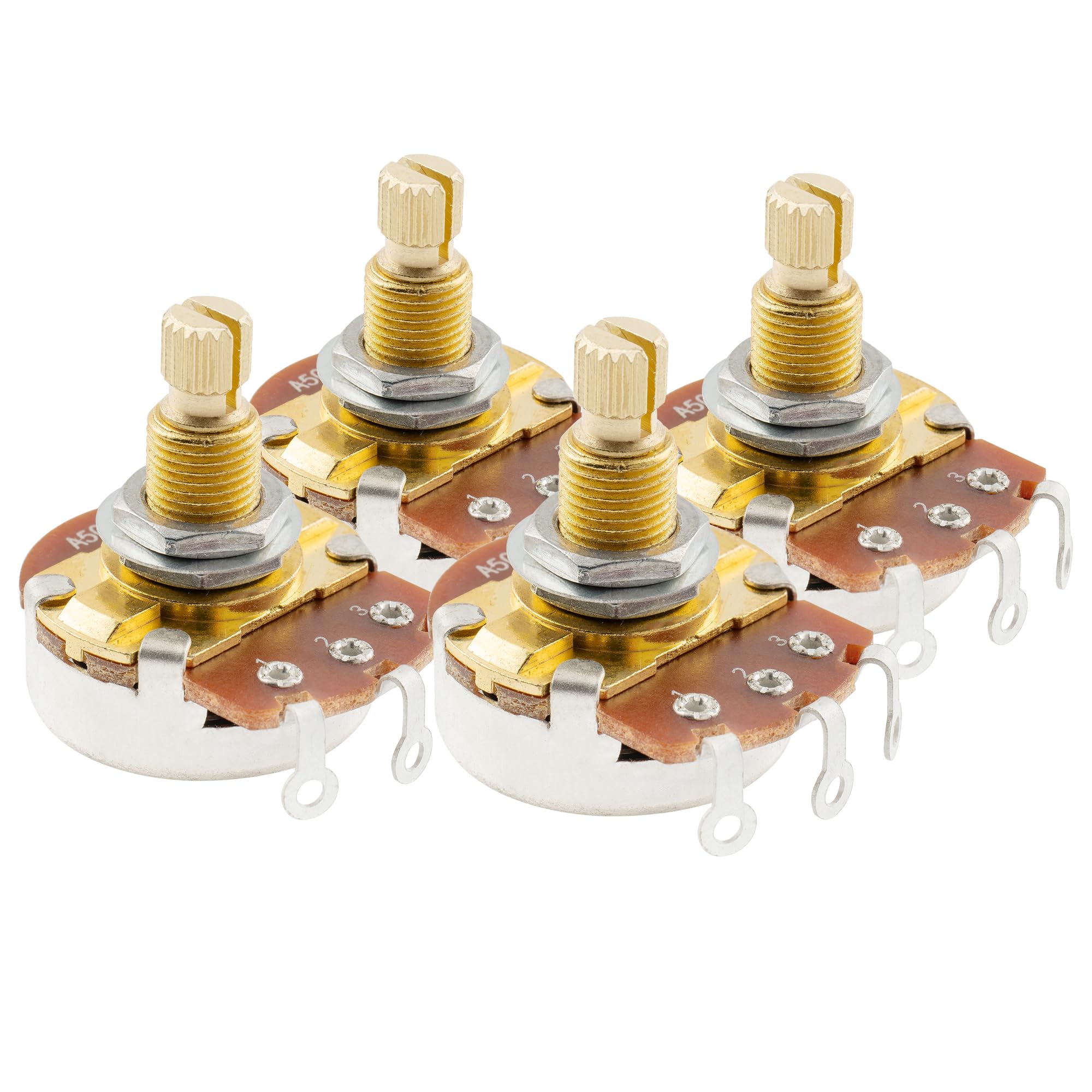 Musiclily Pro A500K Brass Shaft Metric Split Shaft Pots Audio Taper Potentiometers for Electric Guitar Bass (Set of 4)