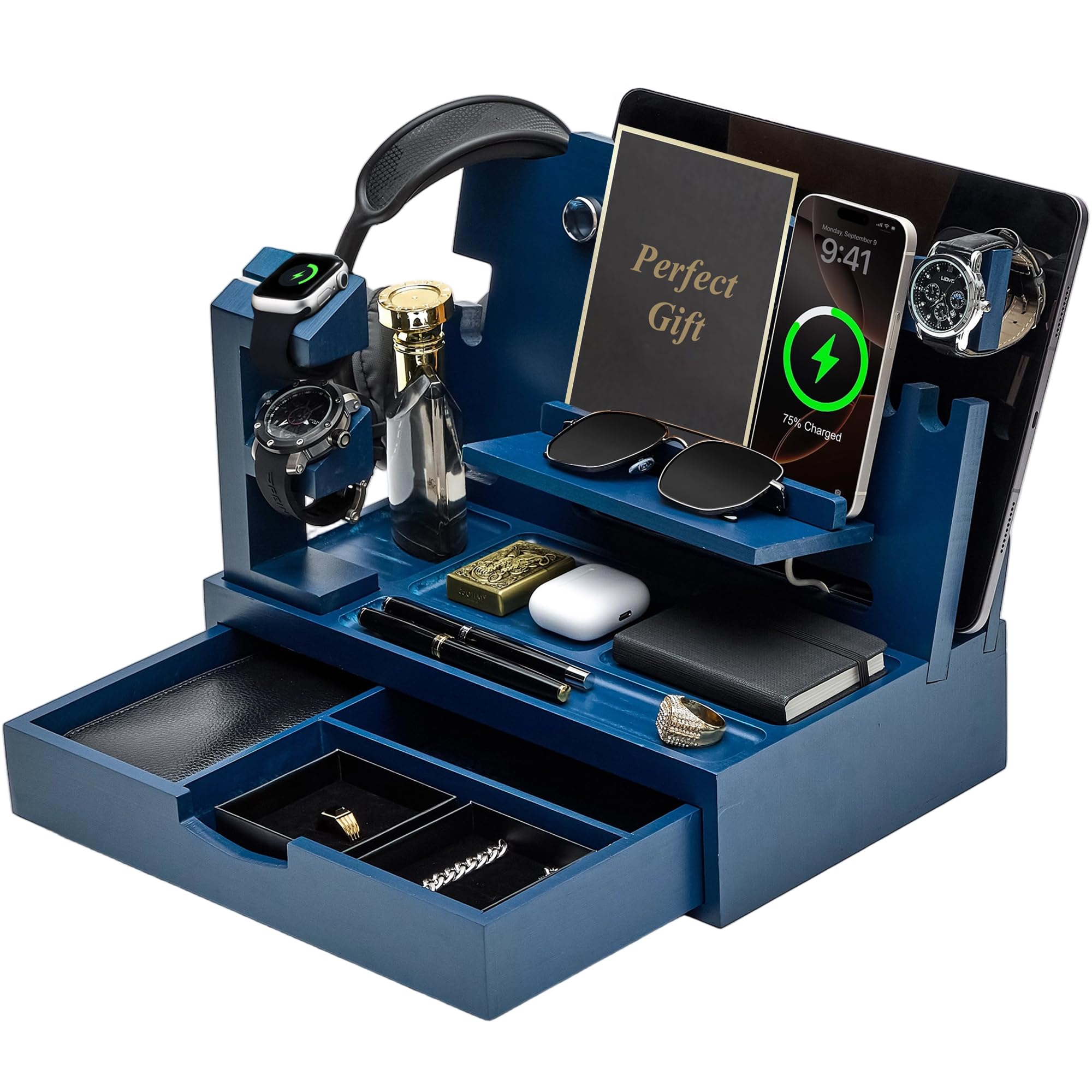 Photo 1 of KWYADLUO Nightstand Organizer for Men with Large Drawer, Birthday Gifts for Men, Phone Docking Station, Bedside Organizer for Nightstand for Apple Watch, Laptop (Blue, Solid Wood)