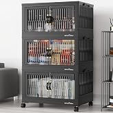 BROVIEW 240Qt Stackable Storage Bins with Lid for Home Dorm, 3Pack Black | Closet Organizers, Foldable &amp; Collapsible Cabinets, Large Containers, Wheels &amp; Magnetic Doors, Plastic Drawers for School