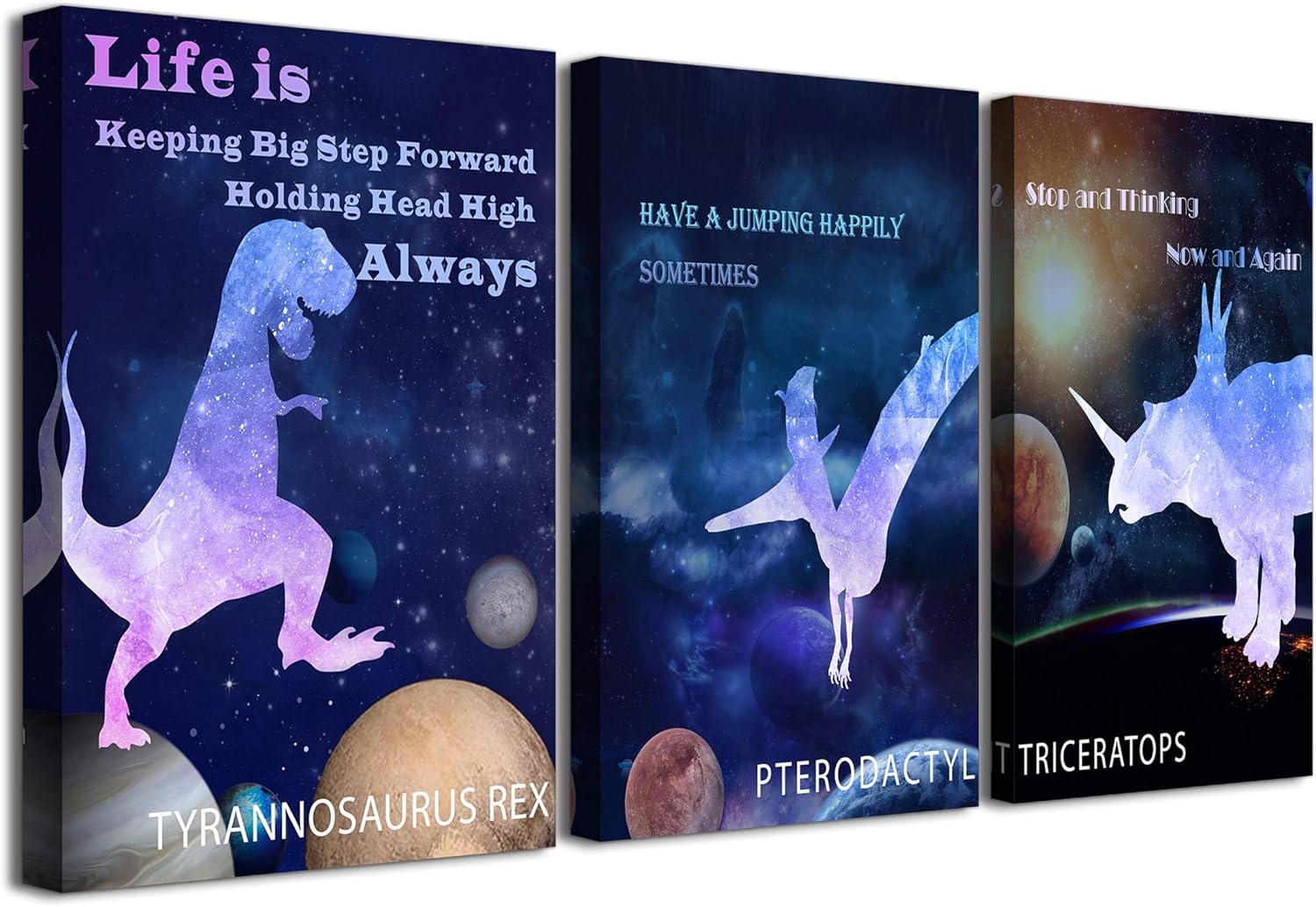 Dinosaur Room Decor for Boys Framed Outer Space Decorations Painting for Kids Bedroom Galaxy Themed Nursery Prints Wall Art in 3 Pieces Watercolor Picture Poster Toddler Canvas Wall Decals 12x16 Inch