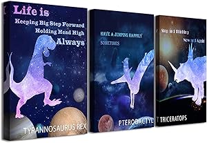 Dinosaur Room Decor for Boys Framed Outer Space Decorations Painting for Kids Bedroom Galaxy Themed Nursery Prints Wall Art in 3 Pieces Watercolor Picture Poster Toddler Canvas Wall Decals 12x16 Inch