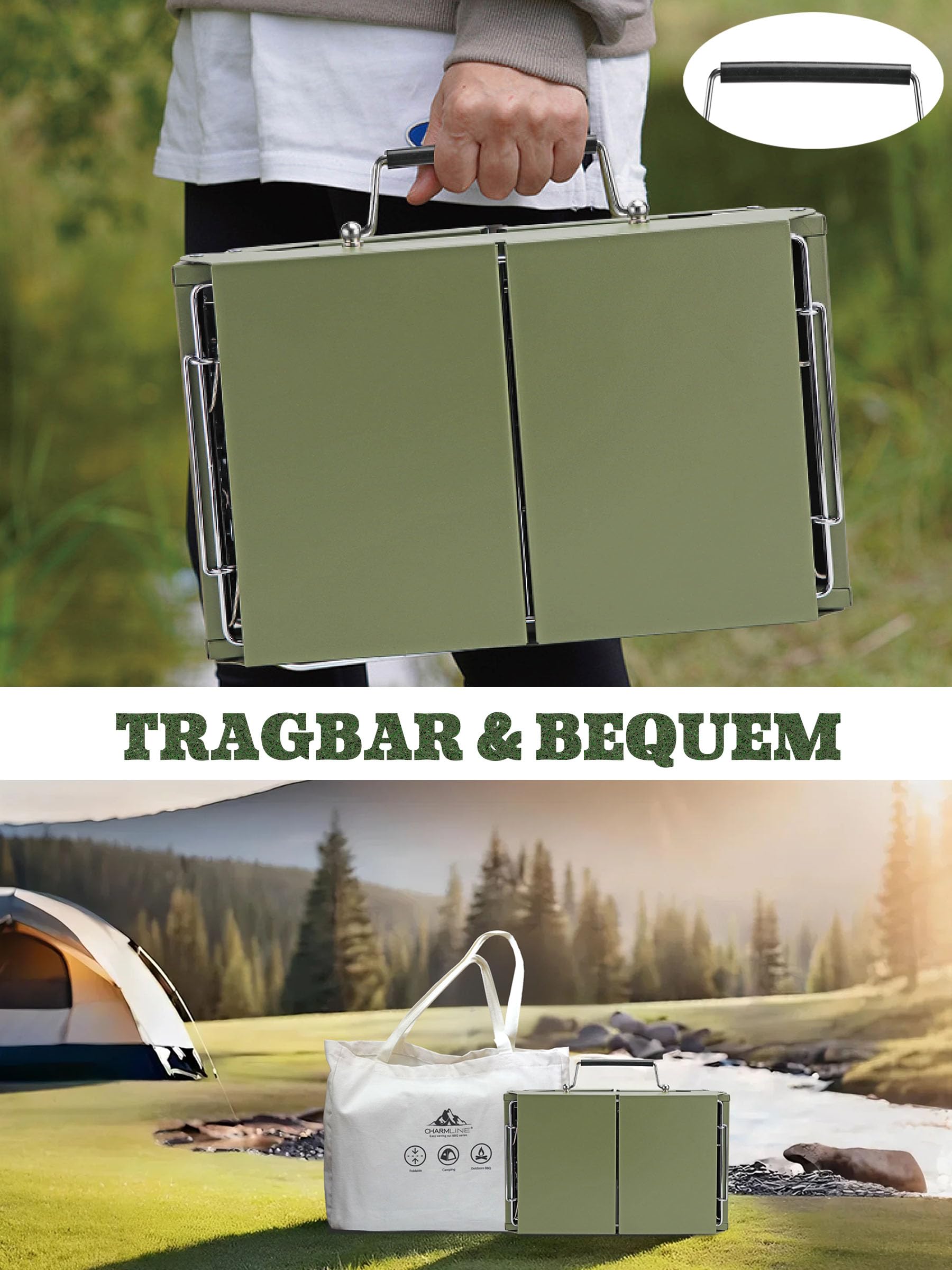 Charmline Tragbarer Holzkohlegrill, Klappbarer Campinggrill 35 x 23 cm für 1–3 Personen, Mini BBQ Grill für Balkon, Garten, Camping, Picknick und Strand, Grün 6