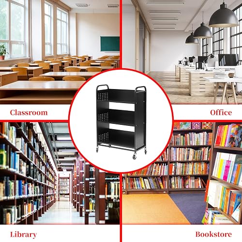 Rolling Library Book Rack Rolling Bookshelf 3-Tier V-Shaped Library Book Cart - 200LB Capacity ...
