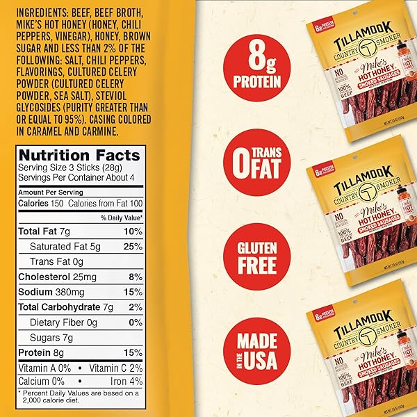 TILLAMOOK COUNTRY SMOKER BEEF SMOKED SAUSAGES, MIKE’S HOT HONEY, 3.6 OUNCE, REAL HARDWOOD SMOKED SAUSAGES, LOW CARB, HIGH PROTEIN, READY TO EAT SWEET & SPICY SNACK