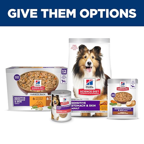 HILL’S SCIENCE DIET SENSITIVE STOMACH & SKIN, ADULT 1-6, STOMACH & SKIN SENSITIVITY SUPPORT, WET DOG FOOD, VARIETY PACK: CHICKEN, TURKEY STEW, 2.8 OZ POUCH, CASE OF 12