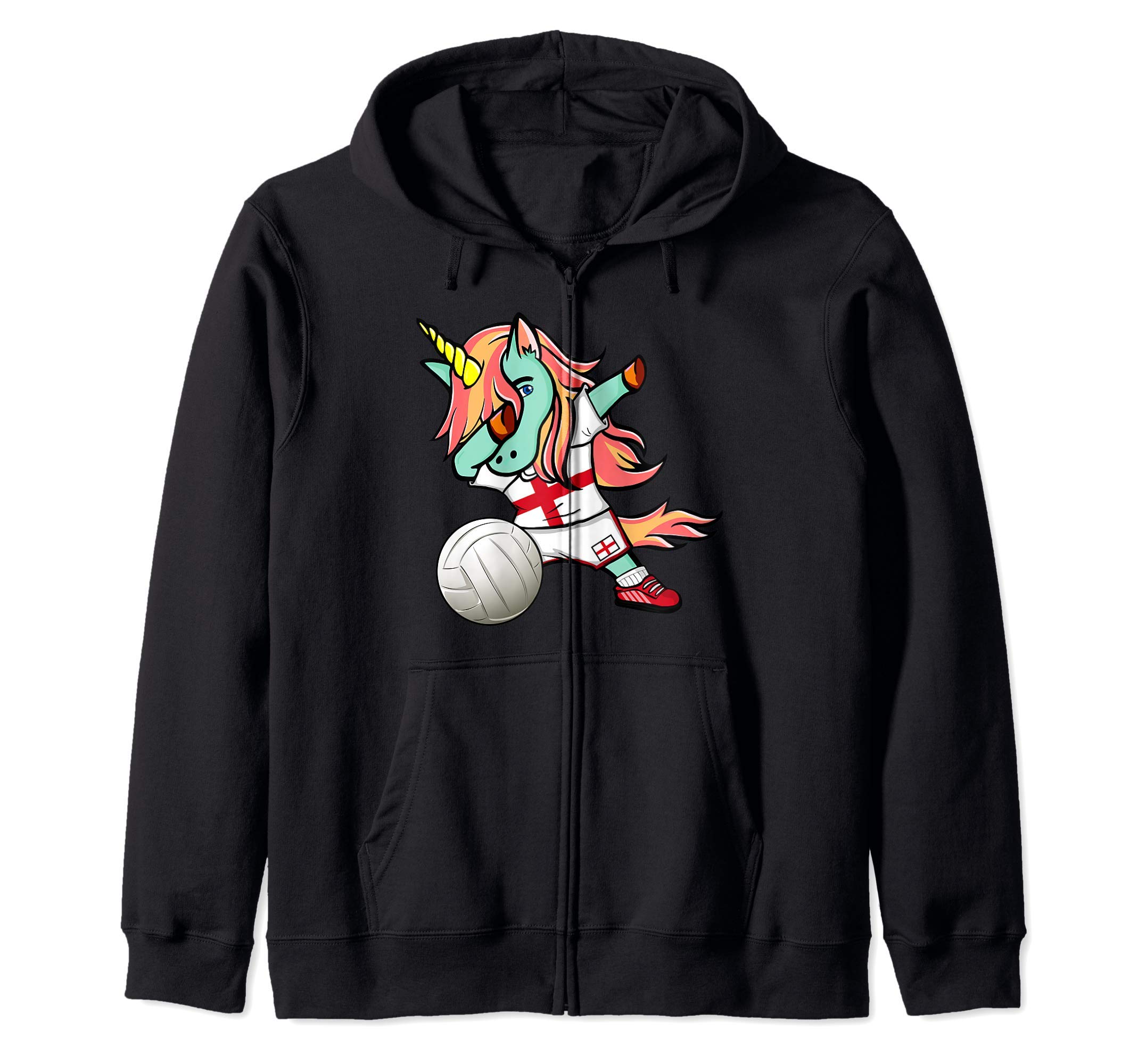 Dabbing Unicorn England Volleyball Lover Jersey English Flag Zip Hoodie
