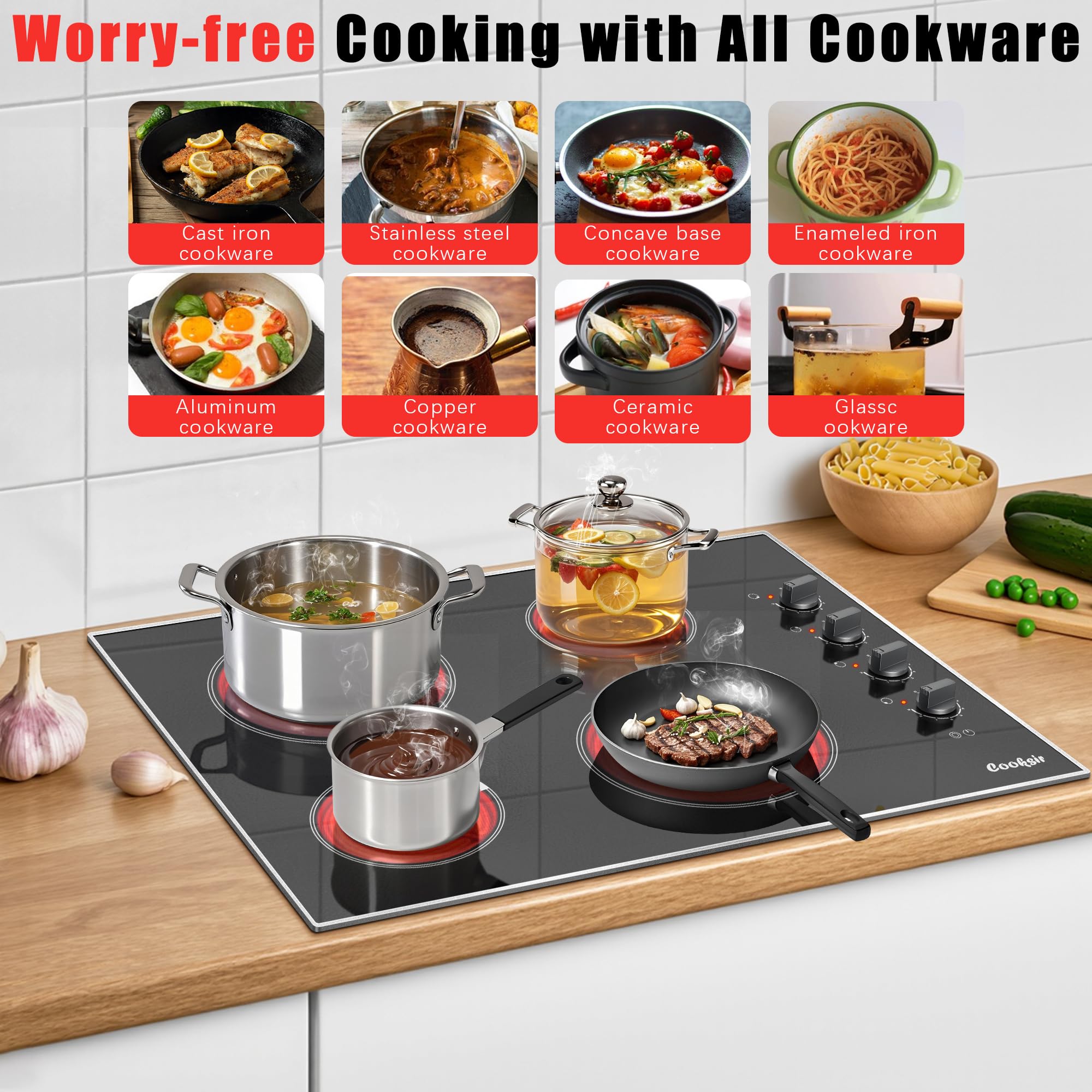 Electric Cooktop 30 Inch - 4 Burner Built-in Electrical Stovetop 7400W, 30 In Radiant Electric Stove with Glass Protection Metal Frame, Auto Shut Off Protection, 220-240V Hard Wired (No Plug)